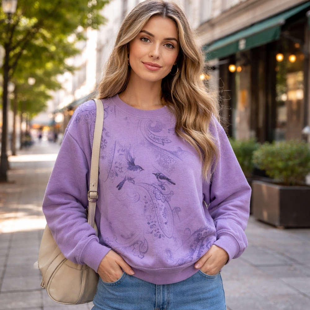 Northern Reflections Purple Cotton Blend Sweatshirt | Bird Print Crewneck Cozy - Picture 1 of 8